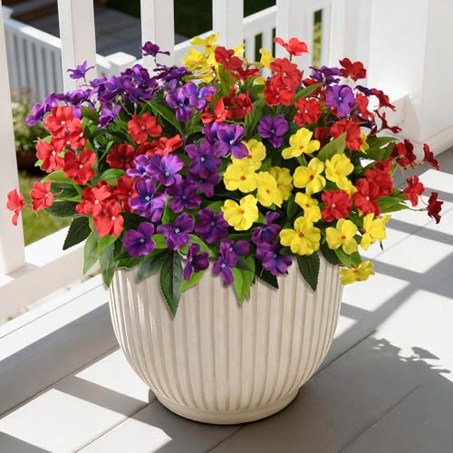 Hommyea Artificial Fake Flowers for Outdoor, 6 Bundles UV Resistant Faux Plants Decoration Silk Flowers No Fade Plastic Flowers for Outside Planters Home Porch Patio Yard Garden Decor - color: Purple Red Yellow
