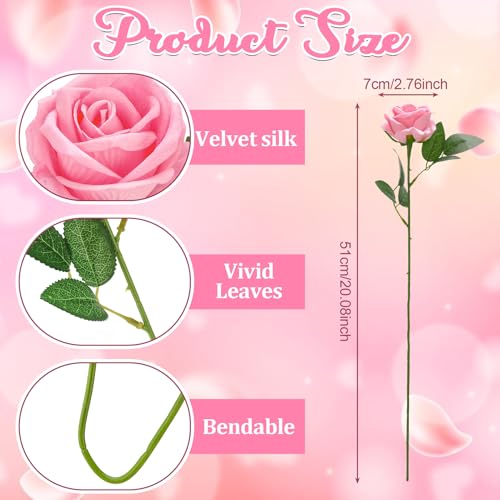 90 Pcs Pink Velvet Rose Artificial Flowers with Long Stems, Fake Silk Roses Real Touch Fake Roses Florals for Birthday Wedding Bouquet Party Arrangement Decorations - color: Pink