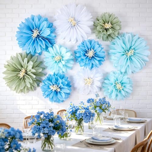Blue Paper Flowers, 10 Pcs 20 Inch 14 Inch Large Paper Flowers for Blue Party Decorations, Girl Women Birthday Decorations, Tissue Paper Flower Decoration for Backdrop, Classroom and Wall Decor - color: Blue