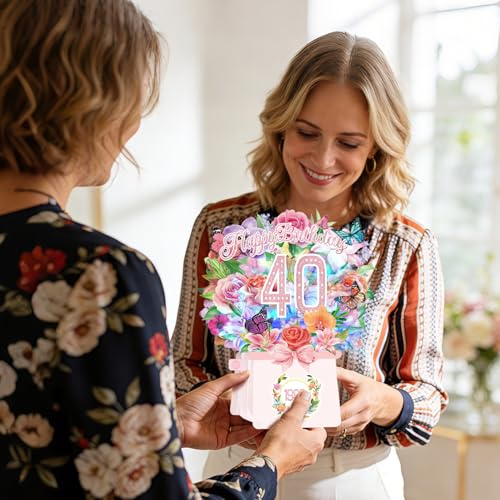 40th Birthday Cards, Light and Music 40 Years Old Happy Birthday Card, Rose Lily Orchid and Butterflies, 10 Inch Forever Flower Bouquet 3D Pop Up 1986 Birthday Gift Card for Women Wife Mom Daughter Sister - size: 1986-40th
