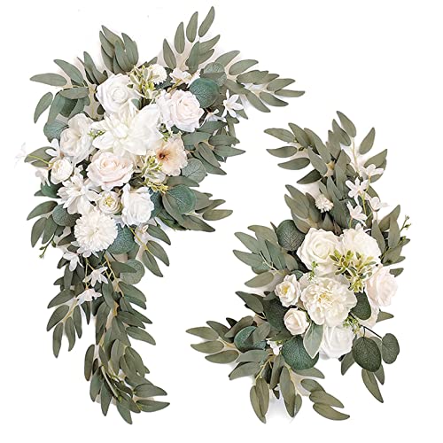 Artificial Wedding Arch Flowers Set of 2, Faux Floral Swag for Wedding Welcome Sign, Ceremony and Reception Backdrop Decoration (White) - color: White