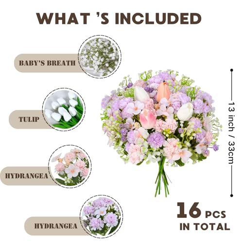Florielle Artificial Hydrangea Bouquet Fake Silk Flower with Faux Tulips Baby's Breath for Spring Summer Wedding Centerpieces Home Decor Party Table Floral Arrangements (Purple Pink) - color: Purple Pink