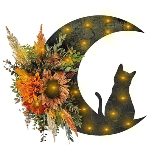 Halloween Wreaths for Front Door, Flower Moon Cat Halloween Home Decoration, Family Gathering Decoration Wreath，Outdoor, Wall, Closet, Fence, Wreath Christmas (Sunflower) - color: Sunflower