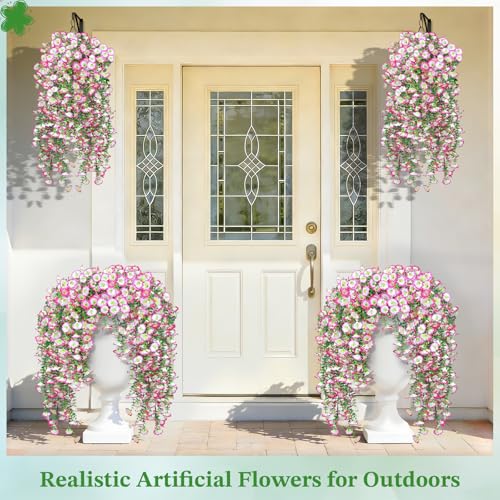 Artificial Hanging Flowers for Outdoors, 6Pcs UV Resistant Morning Glory Vines Fake Flowers with Eucalyptus, Realistic Silk Faux Hanging Plants Decor for Outside Planter Porch Patio (Pink Edge White) - color: Pink Edge White