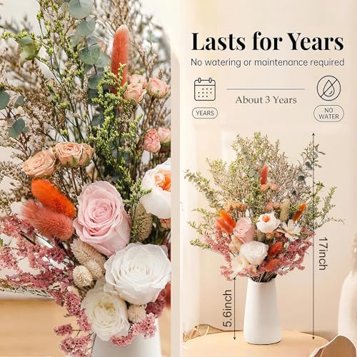 17" Dried Flower Bouquets with Vase Included, 100% Natural Dried Flowers with Forever Pink Roses,Bunny Tails,Eucalyptus Rustic Boho Decor for Home,Party Fall Decor - color: Pink Rose With Vase