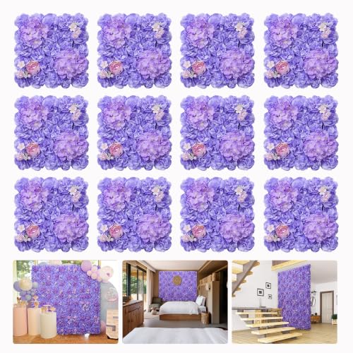 Flower Wall Backdrop 16.5''*16.5'' 12Pcs Artificial Floral Wall Panel 3D Silk Rose Decor for Wedding Home Thanksgiving Day Event Birthday Party Decoration - color: Purple, size: 16.5inch