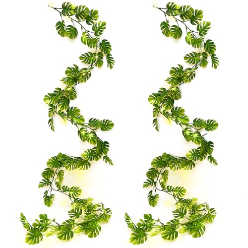 RECUTMS Artificial Monstera Leaf Vines Whit Light 2Pcs, 5.9FT Fake Hanging Ivy Plant Faux Tropical Palm Leaves Greenery Vine Garland Indoor Outdoor Garden Porch Patio Jungle Luau Birthday Party Décor - color: Monstera Leaf Vines Whit Light 2pcs
