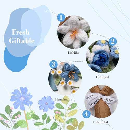 Crochet Flower Bouquet, Handmade Knitted Tulip Faux Crochet Flowers for Home Decor Valentine’s Day Anniversary Weddings Birthdays Mother’s Day, Includes Gift Bag and Greeting Card (Blue) - color: Blue