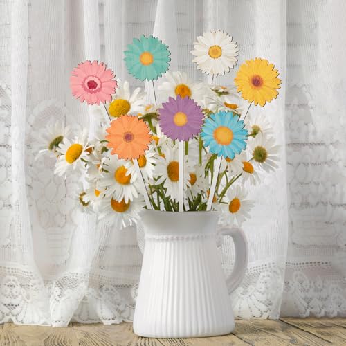 TICIAGA Spring Sunflower Wooden Picks - 14PCS Summer Daisy Wooden Decorative Pick for Home Vase Filler Colorful Flower Floral Picks for Flower Arrangements Spring Theme Farmhouse Decorations for Home - color: Sunflower