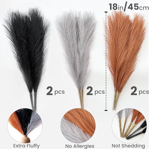 Pampas Grass Decor, Fluffy Faux Pampas Grass 6 Stem 18"/45cm Pompous Grass Small Flower Arrangement and Vase Filler for Boho Home Wedding Decoration - color: Black& Yellow Curry& Light Gray