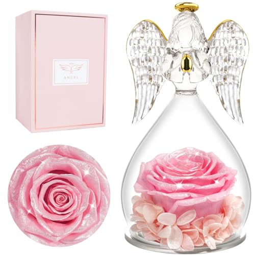 Miofula Gifts for Mom Birthday Gifts for Women, Preserved Flowers Rose in Glass Angel Figurines, Fresh Flowers for Delivery Anniversary Forever Real Roses Gifts for Mothers Grandma Her Wife Girlfriend - color: Pearlescent Pink