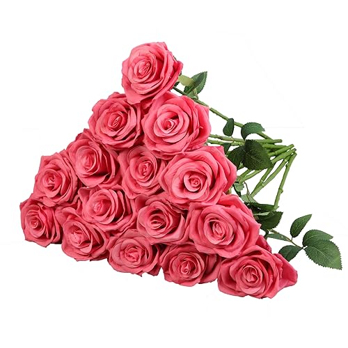 15pcs Fake Roses Artificial Silk Flowers Faux Rose Flower Long Stems Bouquet for Arrangement Wedding Centerpiece Party Home Kitchen Decor - color: 15pcs Barbie Pink