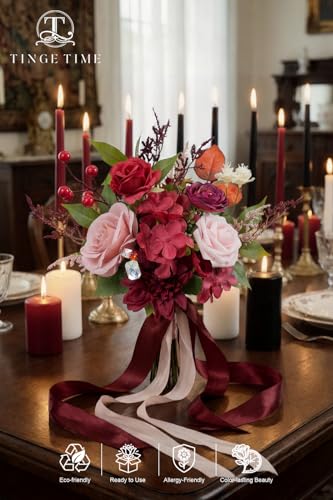 TINGE TIME 7 Inch Wedding Bouquets for Bridesmaid, Artificial Flowers Cascading Bridal Bouquet for Wedding (Burgundy & Pink, Set of 4) - color: Burgundy & Pink