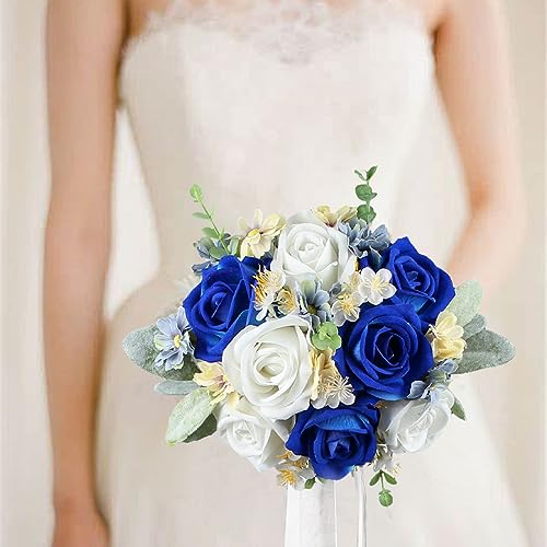 Rinlong 7" Wedding Bouquet for Bride, Navy Blue Silk Bridal Bouquet - color: 17-sapphire Blue
