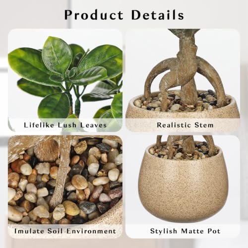 Artificial Bonsai Tree Fake Small Bay Plant with Ceramic Pot Indoor Bonsai | 13.7" Faux Plants Indoor Small Artificial Plants in Pots Fake Potted Desk Plant for Bathroom Office Table Shelf Zen Decor - color: Green Bay&brown Speckled Matte Pot