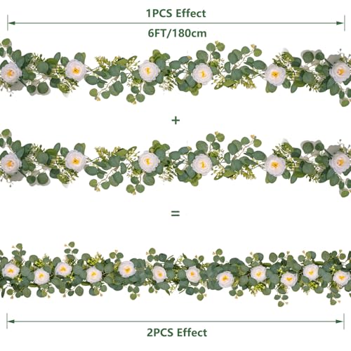 2 Pack 12Ft Artificial Flower Garland with Eucalyptus and 12 Roses, Fake Rose Garland Floral Vines for Wedding Backdrop, Table Centerpieces, Party Decor, Wall Greenery (White, 2PCS) - color: White