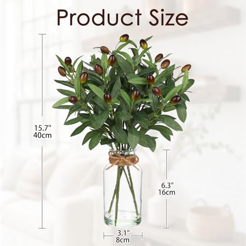 Hollyone Artificial Olive Branch in Glass Vase with Faux Water 15.7" Fake Plants Olive Leaves Stems for Indoor Shelf Desk Home Bathroom Wedding Table Centerpiece Decor - color: Green #6