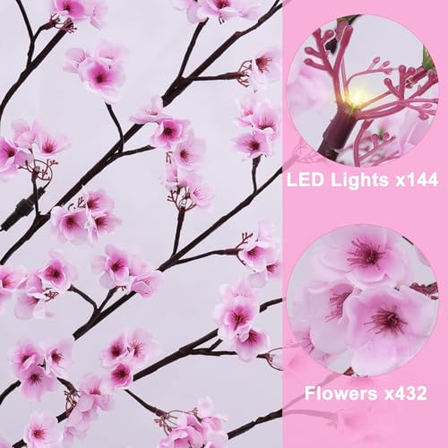7FT Lighted Cherry Blossom Tree - Faux Artificial Light Up Pink Tree with 144 Lights, 432 Lush Flowers, Timer, Remote 8 Modes Cherry Blossom Tree for Spring Wedding Valentines Indoor Outdoor Decor - size: 7ft