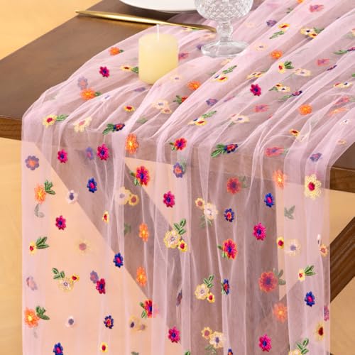 Socomi Flower Table Runner Summer Daisy Floral Tulle Gauze Cheesecloth Embroidery Table Runners for Tea Party Garden Wedding Bridal Baby Shower Birthday Picnic Decor Pink 1pc - color: Daisy Pink, size: 10ft X 1pc