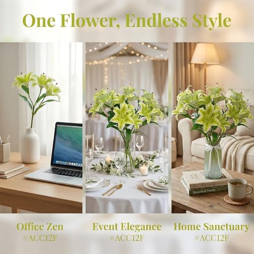 Artificial Lily Flowers,6 Pcs Faux Lily Flowers,Tiger Lily Branch with 3 Full Blooms and 4 Leaves (6, Green) - color: Green