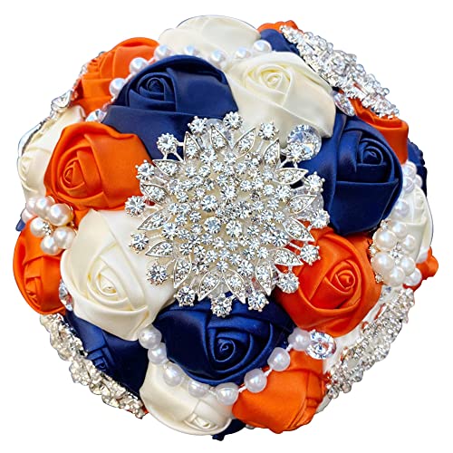 Sharebeauty 7.9 Inch Handmade Satin Rose Bridal Bouquet Toss Round Wedding Bouquet Throw Toss Artificial Flower Bunch Navy Blue + Orange + Ivory - color: W3217d13 Navy Blue/Orange/Ivory