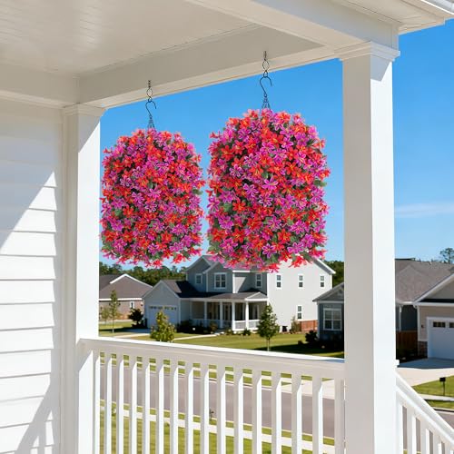 Ivydale Artificial Lily Flowers for Outdoors Fake Hanging Flower Vines for Outside Decoration, UV Resistant 2PCS Faux Plants for Patio Porch Balcony Garden Yard, Mixred - color: Fuchsia & Red