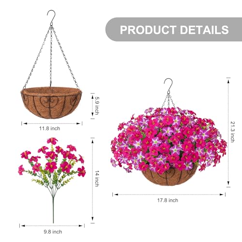 INSPRING Artificial Hanging Flowers for Outdoors Baskets Fake Plants Outdoor Decoration, UV Resistant Faux Silk Morning Glory in Planter Look Real for Outside Patio Porch Balcony Garden Home Decor - color: Mix Fuchsia