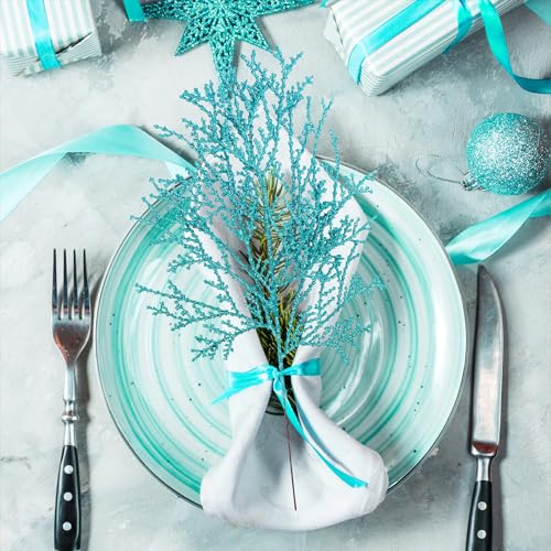 Winlyn 15 Pcs Teal Glitter Artificial Cedar Picks Sprays Christmas Floral Picks Faux Cedar Branches Stems Teal Christmas Tree Picks 15.4" H for Floral Arrangement Wreath Swag Winter Centerpiece - color: Teal