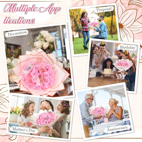 Thiccywoov 36 Pcs Glitter Roses Bouquet Artificial Rose DIY Flower Bouquet Kit Flower Wrapping Paper 3D Butterflies Crowns for Mom Graduation Birthday (Pink) - color: Pink