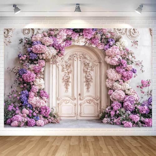 6X4ft Flower Backdrop Purple Floral Arch Retro Door Photography Backdrops Modern Interior European Style Wall Decoration Wedding Portrait Background Studio Photo Booth Props - color: Multi3, size: 6X4ft