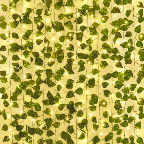 CEWOR 24 Pack 173ft Fake Ivy Vines, Artificial Ivy Garland with 200 LED String Lights, Hanging Plants Greenery Backdrop Green Leaves for Bedroom Room Wall Decor Wedding Party Table Decoration - size: F-24pcs of Vines with 200 LED lights
