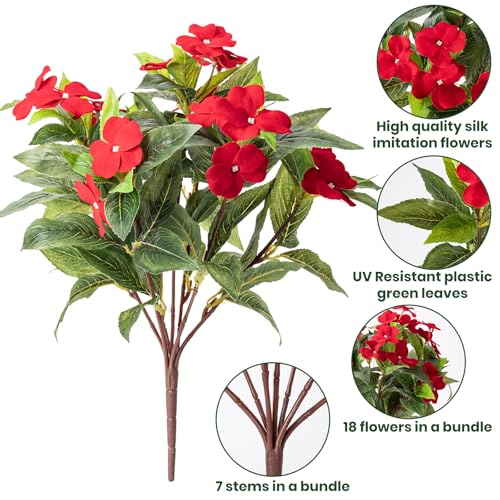 Nigirior Artificial Fake Flowers for Outdoor Décor 6 Bundles UV Resistant Fake Plants for Planter Faux Impatiens for Home Porch/Garden Stunning（Red） - color: Red