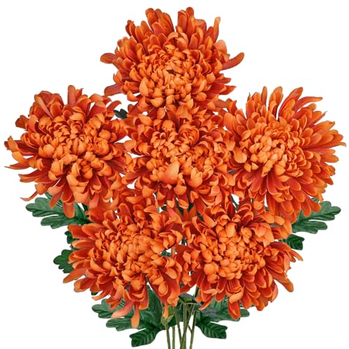 Briful 6 Pcs Burnt Orange Artificial Mums for Outdoors Fall – 25.6’’ Long Stem Faux Chrysanthemums, Large 6’’ Silk Fall Flowers for Wedding Bouquets, Centerpieces, Porch Décor, Indoor Home Decoration - color: Burnt Orange