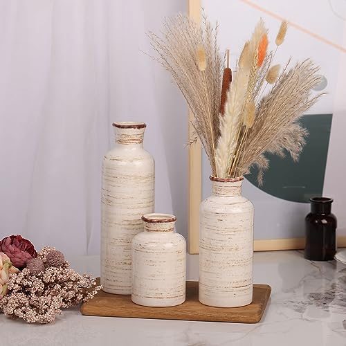 Ceramic Vase Set - 3 Ceramic Small Vases, Farmhouse Country Flower Vase Home Decor, Living Room Decoration, Table Decoration, Fireplace Decor, and Entrance Decorations Centerpieces - color: Beige