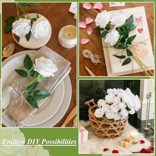 HyeFlora 50 PCS White Roses Artificial Flowers, Fake Roses with Stems Realistic Silk Roses for DIY Wedding Bouquets Tables Centerpieces Arrangements Party Baby Shower Birthday Home Decor Gift for Her - color: White