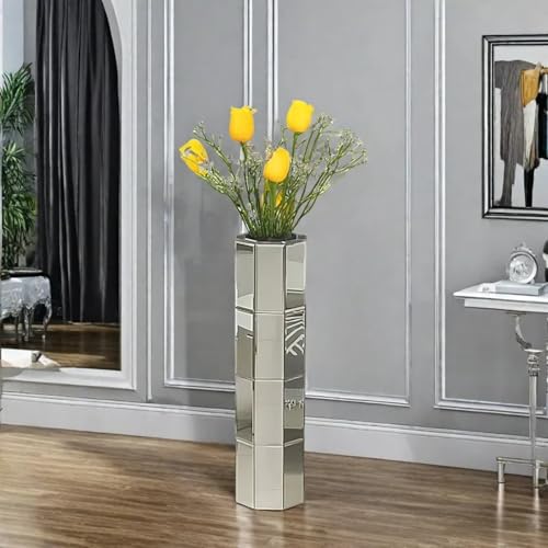 28" Tall Floor Vase, Mirror Silver Large Flower Vases for Home Decor, Mirrored Glass Decorative Modern Vase for Living Room,Office,Centerpiece (Silver Octagon:7.1''L X 7.1''W X 28''H) - size: Silver Octagon:7.1"L X 7.1"W X 28"H