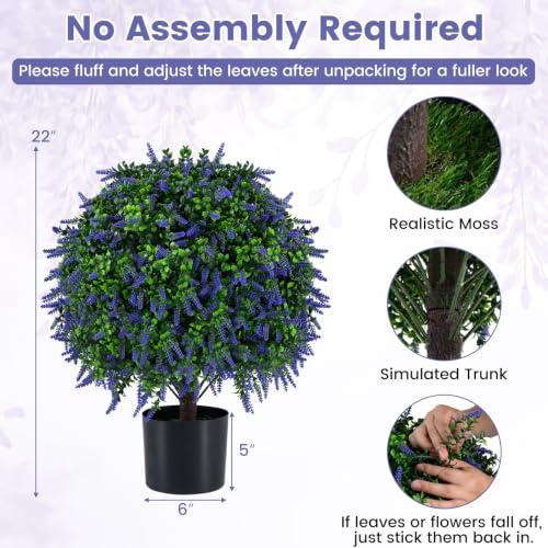 Goplus 22’’ Artificial Lavender Topiary Ball Tree, Set of 2 Faux Potted Plants Artificial Shrubs Bushes with Flowers, Fake Evergreen Artificial Topiary for Indoor Outdoor Home Front Porch Decor - color: Lavender