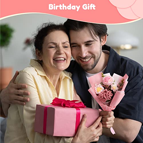 Omldggr Completed Crochet Flower Bouquet, Pink Handmade Knitted Bouquet, Crochet Carnation Mix Crochet Bouquets Flower for Mother's Day Graduation Birthday Wedding Valentine Day Gifts (with Card) - color: Pink-rose+carnation