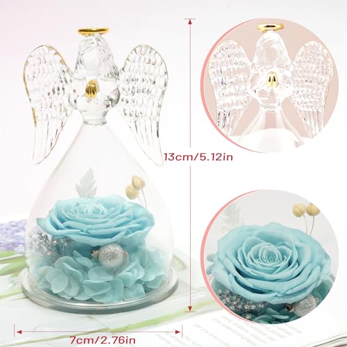 Miofula Gifts for Mom Birthday Gifts for Women, Preserved Flowers Rose in Glass Angel Figurines, Fresh Flowers for Delivery Anniversary Forever Real Roses Gifts for Mothers Grandma Her Wife Girlfriend - color: Pale Blue