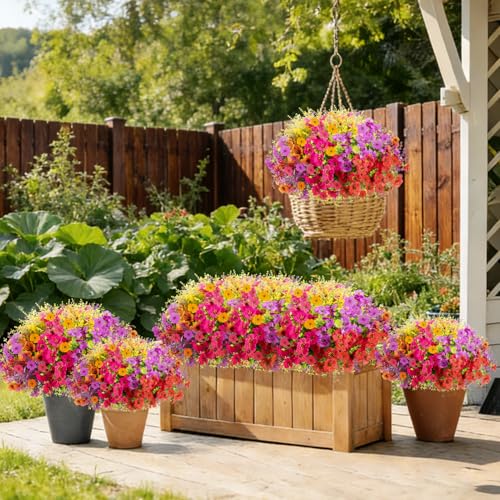Artificial Flowers Faux Plants Outdoor, 18 Bundles Plastic Faux Flower with Eucalyptus Leaves Lavender, UV Resistant Silk Fake Flower for Indoor Outside Garden Home Decor - color: Multicolor-18 Bundles