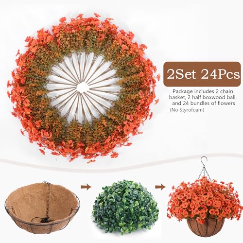 Hananona 24 Pcs Artficial Outdoor Flowers with Hanging Baskets, Orange Fall mums 2 Pack Hanging Planter with Outdoor Fall Flowers for Autumn Porch Garden and Home Patio Yard Decor (2, Orange) - color: Orange