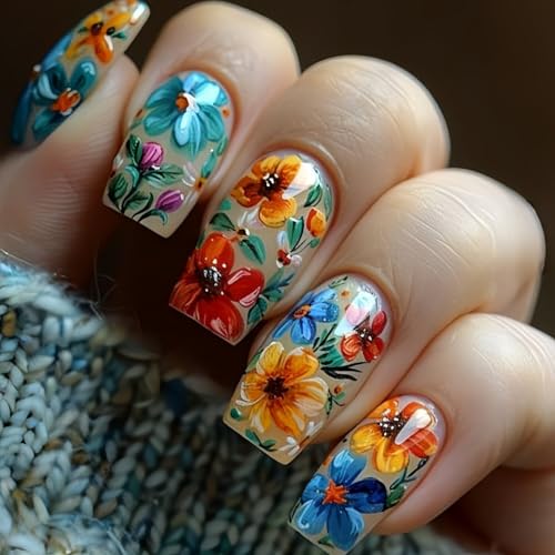 24 Pcs Press-on Nails, Square, Glossy, Floral Modern, Multicolor, ABS Material, Full Well Tips, False Nails, Easy to Apply, 12 Different Sizes, 1 Set - color: Flower Square12