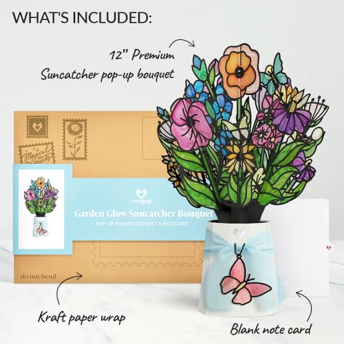 Lovepop Garden Glow Suncatcher Bouquet - 3D Stained Glass Flower Bouquet for Her, Wife, Mom, Girlfriend (Anniversary, Birthday, Mother's Day, Thank You) 12" - Blank Notecard & Envelope Included - color: Garden Glow Suncatcher Bouquet