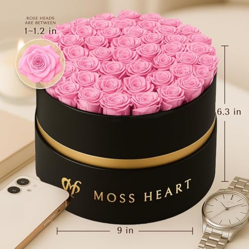 50 Petite Preserved Roses, Designer Round Box, Real Forever Roses Last 1+ Year, Premium Gift for Women, Wife, Girlfriend, Mother’s Day, Birthday, Anniversary, Valentine’s Day - color: Pink, size: 50 Roses