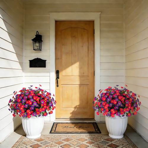 Ammyoo Fake Mums Spring Artificial Flowers for Outdoor Decoration, 12 Bundles Faux Silk Daisy Flowers Realistic UV Resistant No Fade Fake Plants for Home Patio Porch Garden Window Box Decor - color: Purple,rose Red