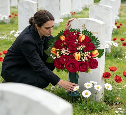 Artificial Cemetery Flowers for Grave,Memorial Flowers Bouquet with Vase for Headstones Decoration Red Rose Daisies Berry Tulips - color: Red