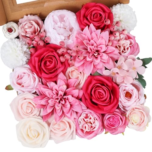 Artificial Flower Box Set – Faux Floral Bouquet for Party&Table Centerpieces, Realistic Pink Flowers Artificial for Home & Wedding Decoration,Bulk Fake Flowers with Stems - color: Hot Pink