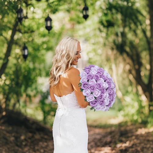 50 PCS Purple Roses Artificial Flowers, Fake Roses with Stem Realistic Silk Roses for DIY Wedding Bouquets Table Centerpieces Arrangements Baby Shower Birthday Home Decor Valentine's Day Gift for Her - color: Dusty Violet & Pale Lavender
