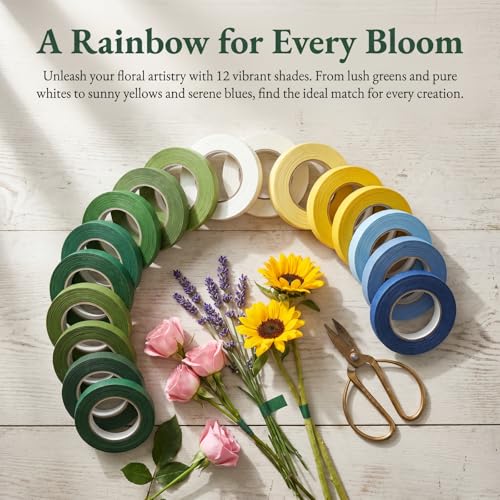 12 Rolls Self-Sealing Floral Tape, 1/2" x 20 Yards Green Floral Wrap for Flower Stems, DIY Eternal Roses & Bouquets, Adhesive Craft Tape for Flower Arranging, Lemon Yellow - color: 12 Rolls Lemon