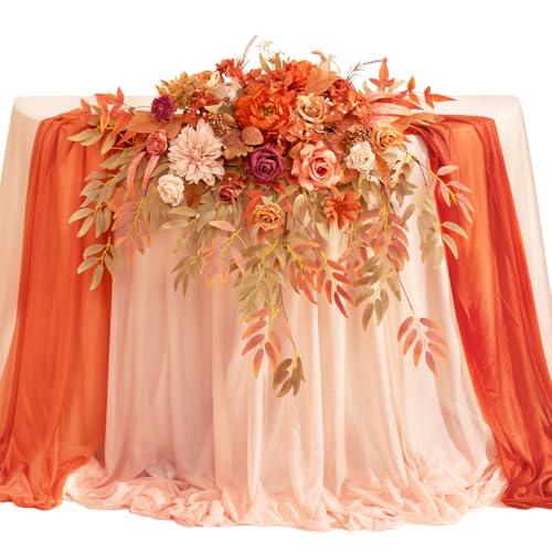 TINGE TIME Artificial Sweetheart Flower Swag with Tablecloth and Table Runner, Pack of 3 Floral Arrangement for Autumn Wedding Sweetheart Table Centerpiece Fall Decoration (Maple Red) - color: Maplered